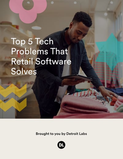 Cover of Top 5 Tech Problems That Retail Software Solves with clerk in store